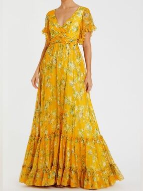 New Mac Duggal Sz 8 Golden Yellow Floral Wrap Maxi Dress 70241